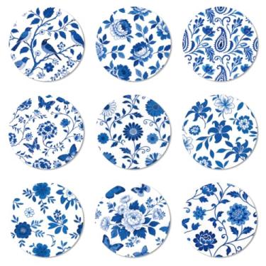 Imagem de ANATTASOUL Conjunto de 9 porta-copos de madeira com padrão de flores azuis, presente de inauguração de casa redonda a granel para casa nova, proteção decorativa de mesa de centro de 9,9 cm para
