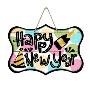 Imagem de Bolisom Feliz Ano Novo 2026 Placa para porta da frente, chapéu de champanhe com bolinhas coloridas, cabide de madeira, varanda ao ar livre, decoração de casa, celebração de Natal, inverno, guirlanda