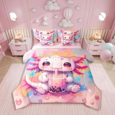 Imagem de Erosebridal Conjunto de cama infantil Axolotl rosa, com desenho fofo de animais do oceano, sobremesa, leite, chá, Queen, para decoração de quarto de meninas, arco-íris, tie dye e vida selvagem