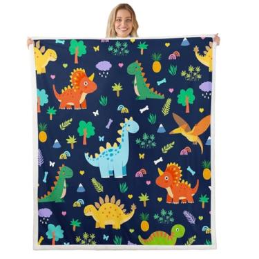 Imagem de Feelyou Cobertor infantil fofo de lã de ovelha de dinossauro felpudo de pelúcia para meninos meninas desenho animado animal para cama sofá cadeira sala de estar azul marinho decoração de quarto 127 x