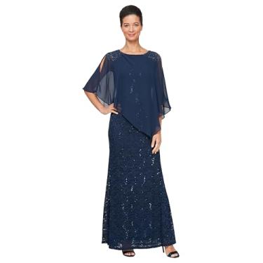 Imagem de S.L. Fashions Vestido capelet feminino longo de renda com lantejoulas e contas, vestido formal para noite (tamanho pequeno e regular), Capelet azul-marinho, 48