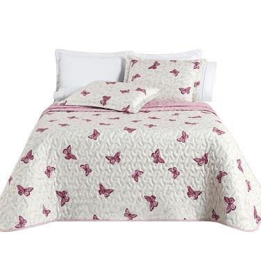 Imagem de Kit Cobre Leito Colcha Júlia Casal 3 Peças Micropercal 200 Fios Dupla Face Estampado - Borboleta