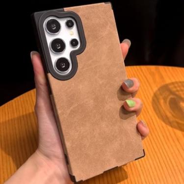 Imagem de Capa de couro luxuosa com estampa de luxo para Samsung S25 S24 S23 S22 Ultra Plus, proteção magnética de quatro cantos à prova de quedas (para Samsung S25Plus/cáqui)