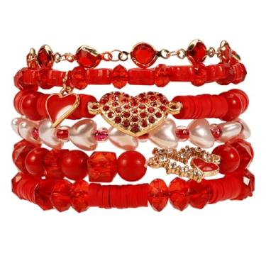 Imagem de Lonext Pulseira elástica com contas para mulheres, estilo boho Y2k, tema do Dia dos Namorados, 18 cm, material de argila, formato redondo, fecho de anel de mola, One Size, Vidro Cristal Argila Vidro