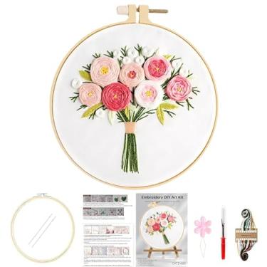 Imagem de Huacan Kits de bordado para adultos com estampa de flores estampadas para iniciantes, 4 peças, kit de costura floral de ponto cruz DIY 19 x 19 cm