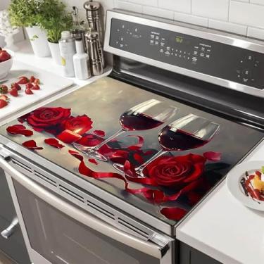 Imagem de HOMETITUTE Capa superior para fogão de vinho rosa romântico 71 x 50 cm de vidro de diatomita decoração de cozinha fogão elétrico tampa superior de vidro resistente ao calor antiderrapante almofada