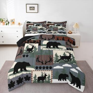 Imagem de Conjunto de edredom xadrez rústico para todas as estações, cabana e urso, com 2 fronhas, alce, alce, campo, microfibra, roupa de cama casal, verde floresta, edredom macio e leve