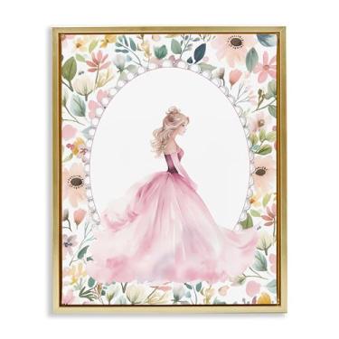 Imagem de Stupell Industries Arte de parede em tela flutuante emoldurada de princesa rosa com borda de pérola, design de Christine Simpson Art, 53 x 43 cm