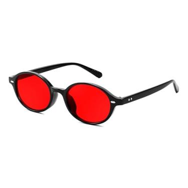 Imagem de FEISEDY Óculos de sol ovais retrô para mulheres anos 90 estreito redondo leve Y2k Sunnies modernos B1171, Moldura preta 008 e vermelha, 47mm