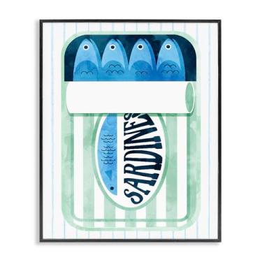 Imagem de Stupell Industries Arte giclée emoldurada preta em lata de sardinha Seafoam sobre listras, design de Daphne Polselli, 50 x 40 cm