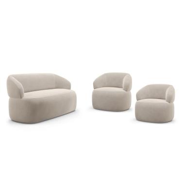 Imagem de Kit 02 Poltronas Giratória E 01 Sofá Orgânico Glee 03 Lugares 170cm Veludo Bege - Abmaza