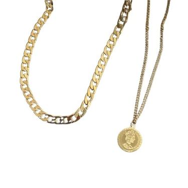 Imagem de Colar feminino com pingente de moeda queen de 2 camadas - banhado a ouro 18 K