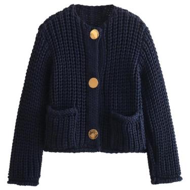 Imagem de Suéter de cardigã Yimoon Chunky Knit Cropped Navy para mulheres