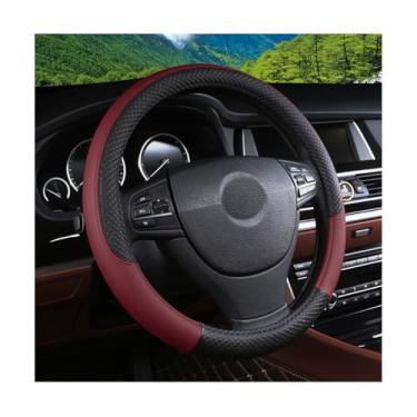 Imagem de FALVFUN Capa de volante de carro, couro elástico de 38 cm, protetor de volante de veículo, antiderrapante, respirável, acessórios de proteção interna automotiva, ajuste universal (preto/vinho vermelho