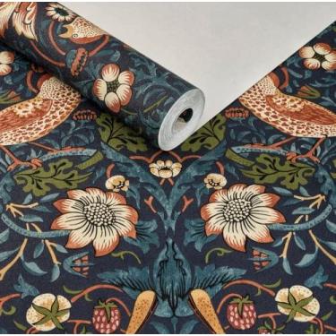 Imagem de Papel de Parede Importado Floral Azul Pássaros Vinílicos Texturizado -