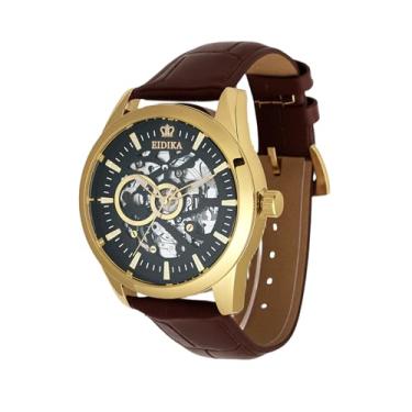 Imagem de Eidika Relógio mecânico automático clássico masculino – série Leadership – pulseira de couro, ponteiros luminosos, fundo de caixa de exposição, resistente à água, corda automática, movimento japonês