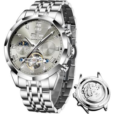 Imagem de OLEVS Relógios de pulso masculinos automáticos mecânicos luxuosos, mostrador grande, turbilhão, esqueleto, luminoso, G6620: pulseira prata e mostrador cinza, Presente de festa clássico casual de luxo