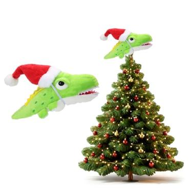 Imagem de Topper de árvore de crocodilo com chapéu de Papai Noel, enfeite de jacaré de pelúcia, enfeite de Natal de jacaré para decoração de casa e festa