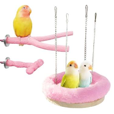 Imagem de JJunLiM Poleiros de pássaros para gaiola, aconchegante conjunto de 3 peças com rede - Poleiros de madeira natural e resina para periquitos, calopsitas - Acessórios de gaiola para escalar, descansar e