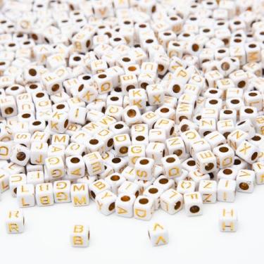 Imagem de Kzyapi 1000 peças de contas quadradas de acrílico dourado alfabeto A-Z cubo letras contas para pulseiras, colares, fabricação de joias (ouro branco)