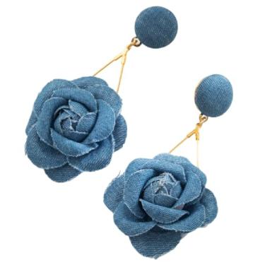Imagem de Brincos longos com pingente de flor de camélia boho jeans para mulheres, 3 camadas, flor em camadas, pingente de gota, brincos banhados a ouro, joias chiques, presentes de casamento, noiva, Zinco, Sem