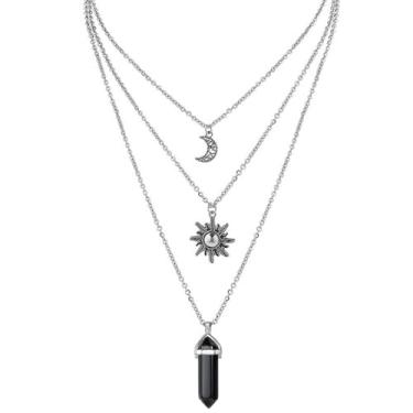 Imagem de RLHRNDE Colar gótico de cristal em camadas de sol e lua para mulheres, colar de bruxa gótica, Halloween, boêmio, verão, praia, joias, presente, Medium, Metal, Sem Pedra Preciosa