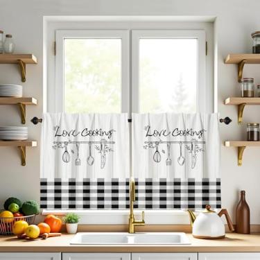 Imagem de Cortinas de cozinha grade de búfalo preto e branco, tratamentos de janela, camadas, filtragem de madeira, pequenas cortinas, janelas, bolso para varão, para sala de estar, café, casa de fazenda
