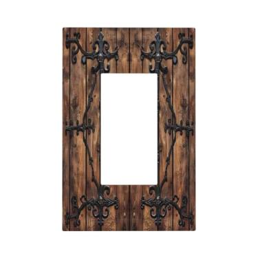 Imagem de BHGAHD Capas decorativas com porta de celeiro de madeira marrom vintage com design de ferragens de bronze antigo, 1 interruptor de luz de balancim, placa de parede decorativa única para decoração de