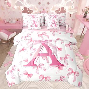 Imagem de jejeloiu Conjunto de edredom infantil com laço rosa fofo com lençol casal monograma, 7 peças, inicial personalizada, cama em uma bolsa com edredom, lençóis, fronhas, laço coquete, moda moderna