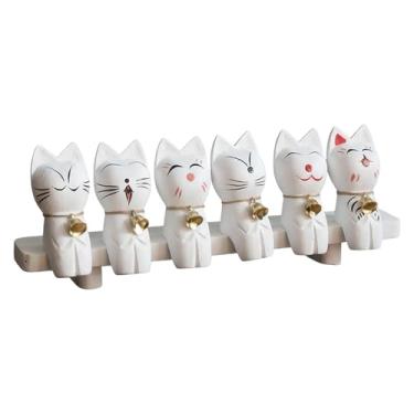 Imagem de Ｂｅｓｇａ Conjunto de 6 estátuas de gatos, gatinhos, figuras de jardim, esculturas de animais, obra de arte, fofo conjunto japonês de sino de madeira para