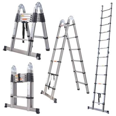 Imagem de Escada telescópica, escada telescópica de aço inoxidável 3,8 m com estabilizador ajustável, pés antiderrapantes, escadas de extensão com capacidade de 150 kg Escadas dobráveis para trailer, trabalho