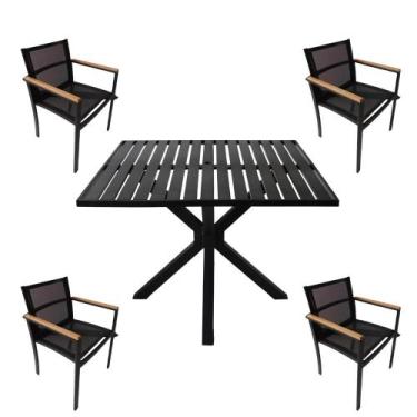 Imagem de Jogo de mesa quadrada alumínio 4 cadeiras tela sling braço de madeira 