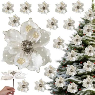 Imagem de Outus 24 peças de flores de magnólia de veludo com glitter, 3 tamanhos grandes, flores artificiais de Natal falsas, 25,4 cm + 20,3 cm + 16 cm, enfeites de guirlanda com hastes para decorações de festa