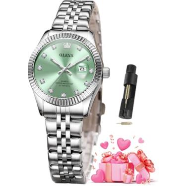 Imagem de OLEVS Relógios femininos luxuosos, elegantes, de aço inoxidável, à prova d'água, luminosos, diamantes, modernos, relógios femininos para pulsos pequenos, Verde prateado 3705, relógio feminino