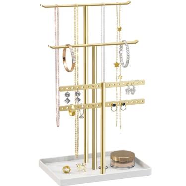 Imagem de pickpiff Organizador de suporte de joias: gancho resistente de 36,8 cm para 80 peças, presente para mulheres, torre de joias de ouro para colar, brinco, pulseira