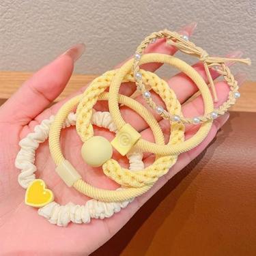 Imagem de Conjunto de 5 peças de laços de cabelo para mulheres meninas faixa elástica moda corda de cabelo acessórios de cabelo multicoloridas decoração de presente (amarelo)