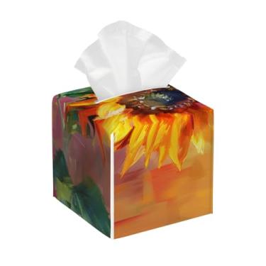 Imagem de Capa quadrada de couro para caixa de lenços de papel à prova d'água, pintura de girassol, organizador de papel facial com cinto inferior, estojo de lenços para mesa, banheiro, escritório, mesa, carro