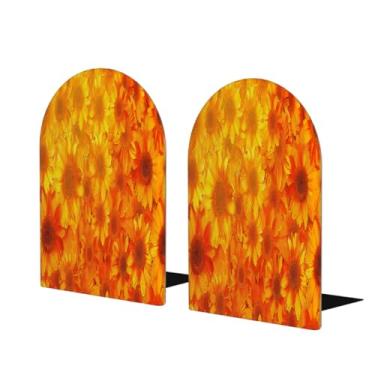 Imagem de Flor girassol laranja sol grande suporte de livros de madeira decorativo antiderrapante resistente terminais de livro para mesa de escritório em casa biblioteca de estudo escolar divisórias de livros