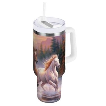 Imagem de xigua Copo Majestic Horse 1,134 g com tampa e canudo, aço inoxidável de vácuo duplo isolado garrafa de água esportiva suporte para copo de café de viagem à prova de vazamento para bebida gelada