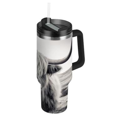 Imagem de Blueangle Copo de vaca de chifres longos de 1,134 g com alça e tampa de palha, caneca de viagem de aço inoxidável isolada a vácuo de parede dupla, garrafa de água reutilizável para academia de