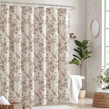 Imagem de TURKIO Cortina de chuveiro vermelha vintage cortina de chuveiro de linho floral para banheiro Boho Farmhouse cortinas de chuveiro (linho bege natural, 183 x 183 cm)