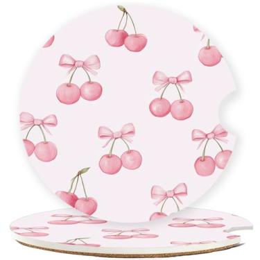 Imagem de Mengduxd Conjunto de porta-copos de carro, porta-copos de cerâmica de 2,56 cm, suporte de cortiça resistente a arranhões, design de ranhura de dedo para fácil colocação, unissex (cereja de laço rosa)