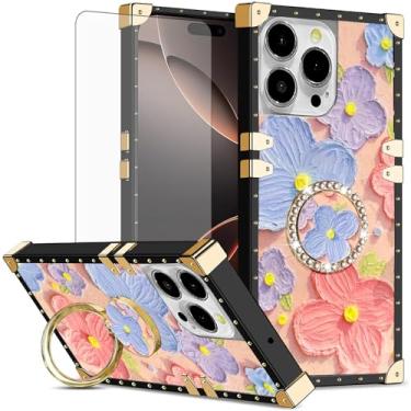 Imagem de Asuwish Capa de celular para iPhone 16 Pro Max 17.5 cm capa magnética com protetor de tela de vidro temperado e anel de flor de pintura suporte rígido i Phone16 16Pro i16 ProMax 16ProMax feminino