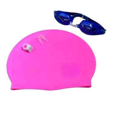 Imagem de Touca de Natação Impermeável，Toca de Natação Adulto，Kit De Natacao com Touca Silicone E Oculos Para jovens E Adultos(Rosa(touca)+Azul escuro(óculos)
