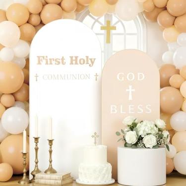 Imagem de Tegeme Conjunto de 2 capas de arco de primeira comunhão, 2 m, 2,2 m, arco de Deus abençoe, elastano, elástico, religioso, batizado, batismo, chá de bebê, suprimentos para festa de comunhão (bege)