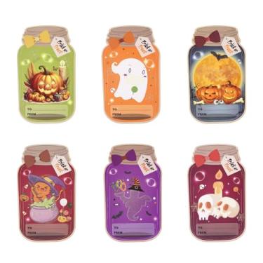 Imagem de Gweichunon Pacote com 50 cartões de pedreiro de Halloween, sacos de Halloween, cartões de doces DIY com bolsa transparente, lembrancinhas de festa de sala de aula, salgadinhos de guloseimas e doces