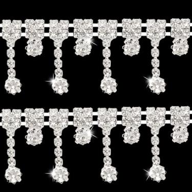 Imagem de HLTOO Acabamento de strass de 1 jarda, corrente de strass de cristal prateado, acabamento de franja, para costurar, decoração de casamento nupcial, acessórios de roupas de enfeite de fantasia