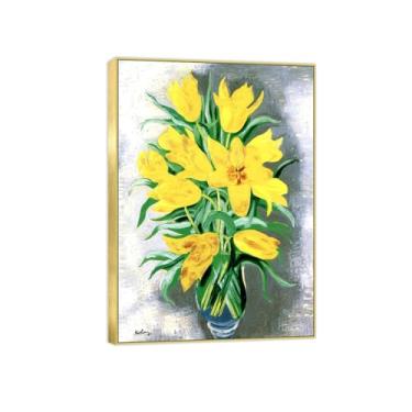 Imagem de BMZFYBS Pintura de arte de parede de flores - imagem de decoração vintage - flores amarelas - impressões em tela com moldura dourada para sala de estar 70 x 100 cm 27 x 39 pol