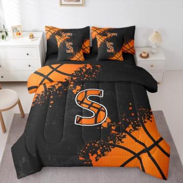 Imagem de Erosebridal Jogo de cama solteiro de basquete 3D - cama com letra S em uma bolsa, conjunto de edredom temático esportivo com lençóis, jogo de cama de 7 peças para decoração de quarto