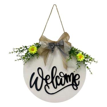 Imagem de FLCPJGV Placa de Boas-vindas de Madeira com Guirlanda Decorativa E Laço para Porta de Entrada, Ideal para Escritório, Entrada Ou Casa (decoração de, Branco, Tamanho real